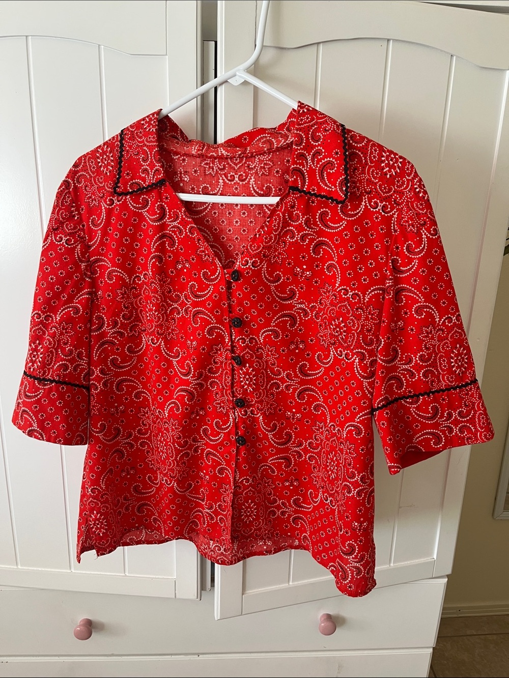 Red Paisley Cotton Button-Up Shirt, petite medium